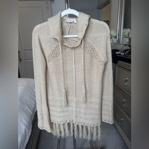 Fresh Produce Tan Cream Cowl Neck Sweater with Hoodie and Fringe Size Small